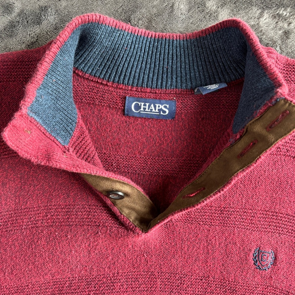 Chaps Mens Burgundy Red Textured Stripe Mock Neck Quarter Button Sweater Large - Picture 8 of 8
